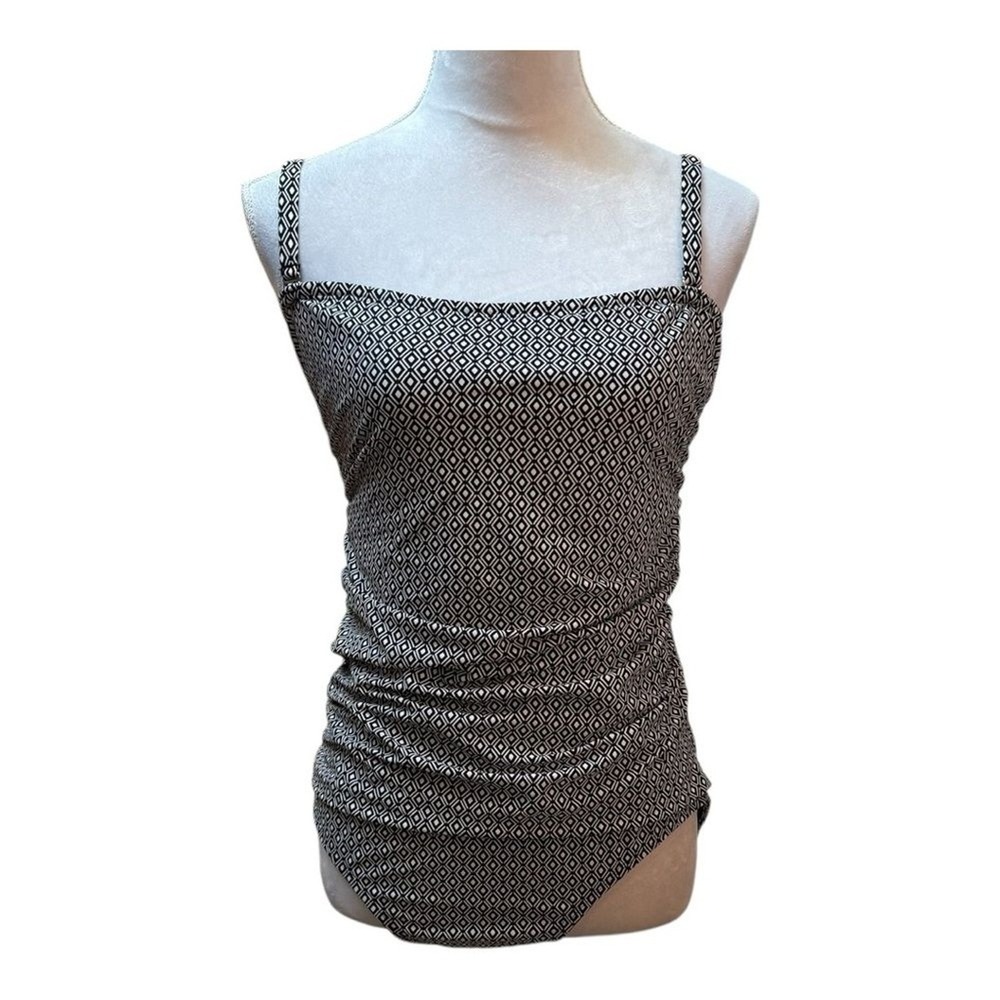 DKNY Women XXL Black White Geometric Diamond Ruched One Piece Swimsuit